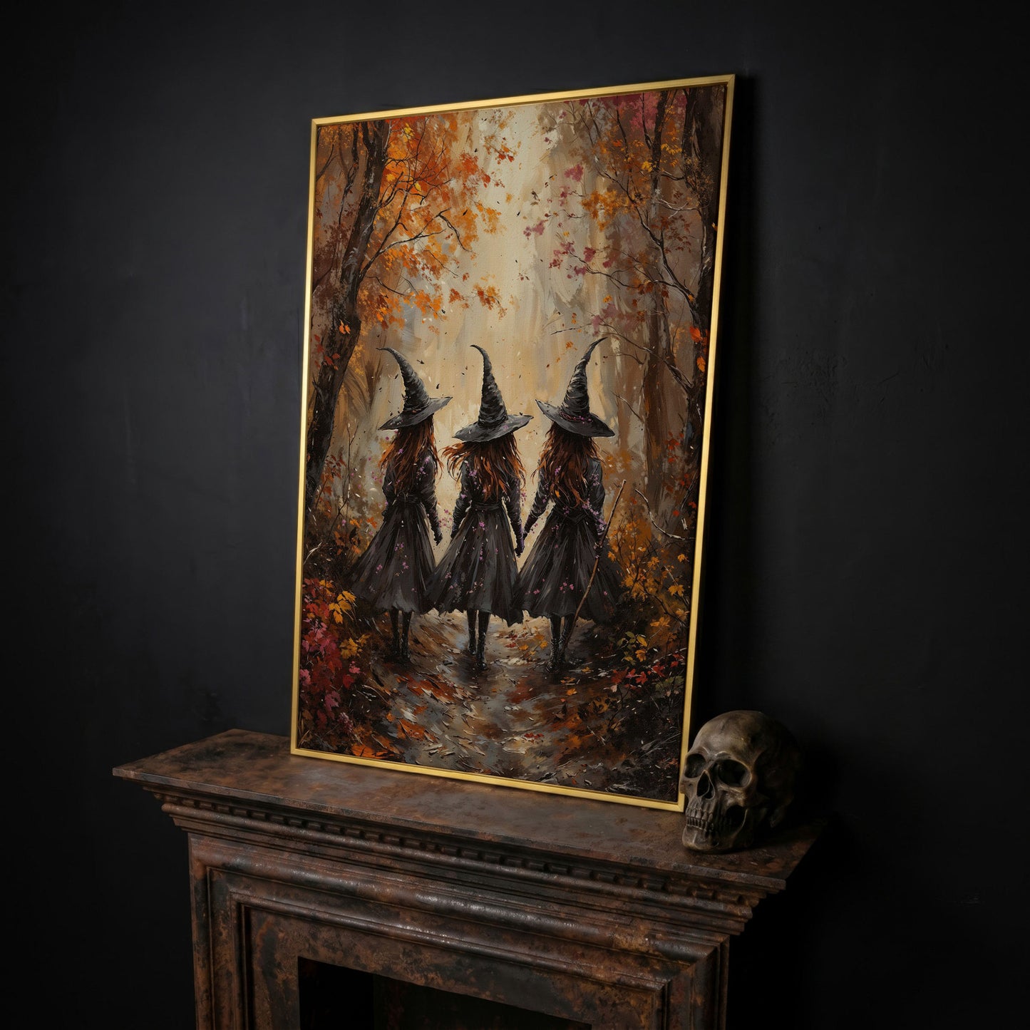 Witches in Autumn Forest Canvas in yellow gold floating frame