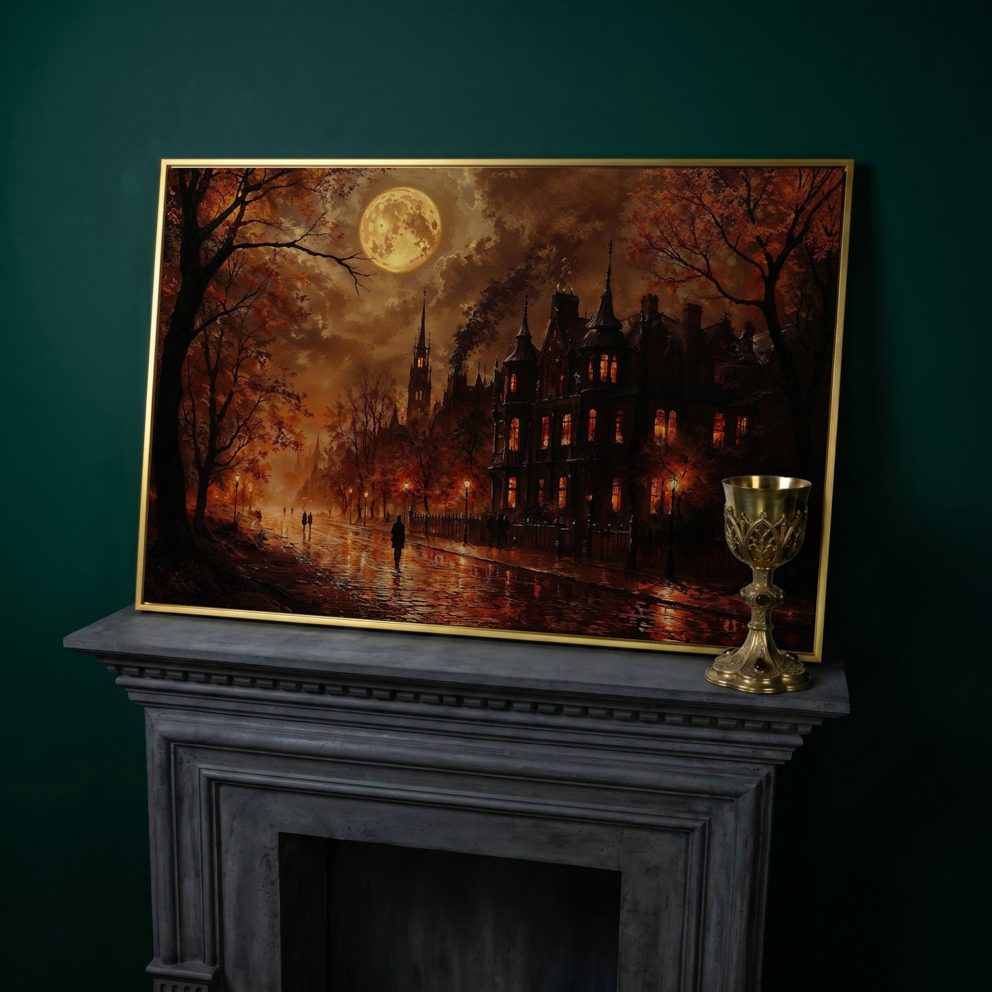 Gothic Moonlit Cityscape Canvas Art, Victorian Street Under Full Moon in yellow gold floating frame