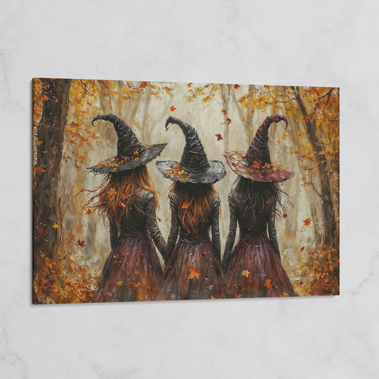 Three Witches Walking Through a Fall Forest Canvas Wall Art on gallery wrap