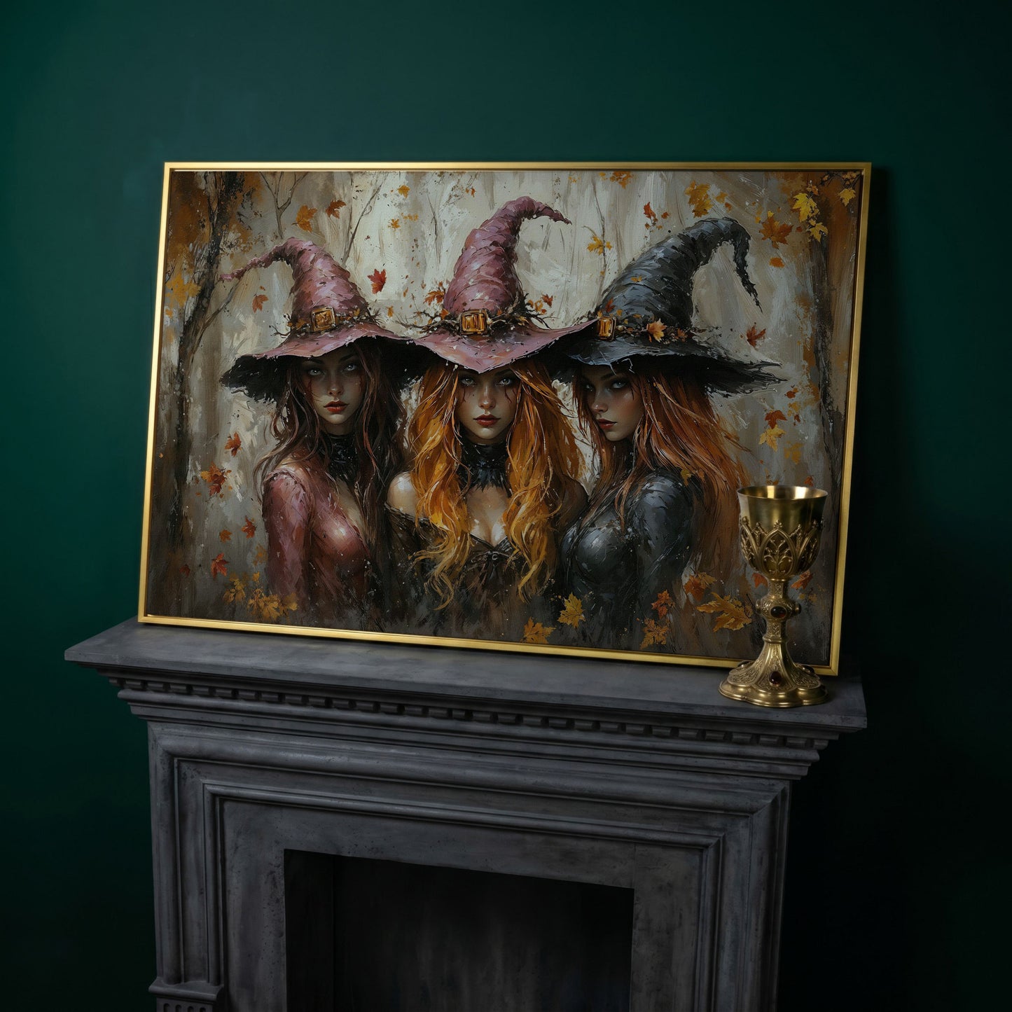 Enchanting Trio of Witches Canvas in yellow gold floating frame