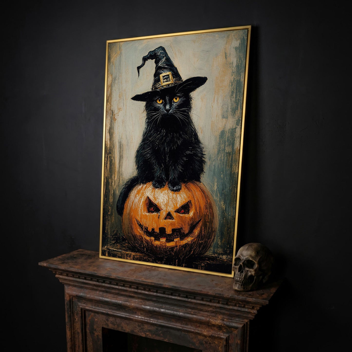 Black Cat in Witch Hat on a Jack-o'-Lantern Canvas Art in yellow gold floating frame