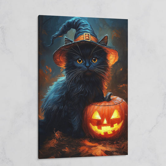 Black Cat in Witch Hat with Jack-o'-Lantern Canvas Art on gallery wrap