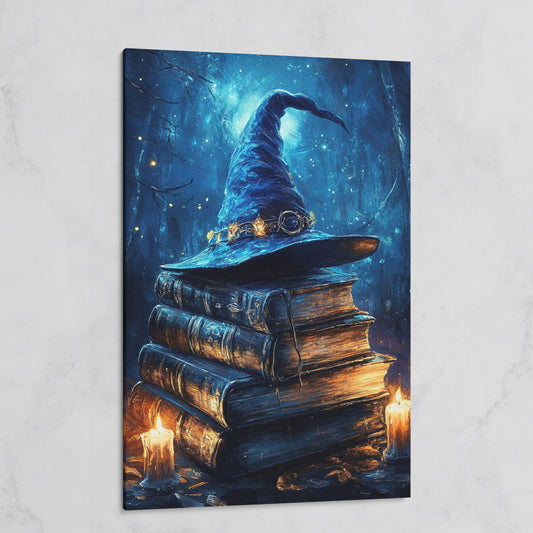 Witch Hat and Books Canvas Print, Dark Forest Halloween Wall Art on gallery wrap