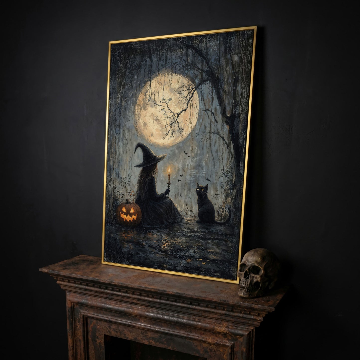 Witch with Cat Under Moon Canvas Print in yellow gold floating frame