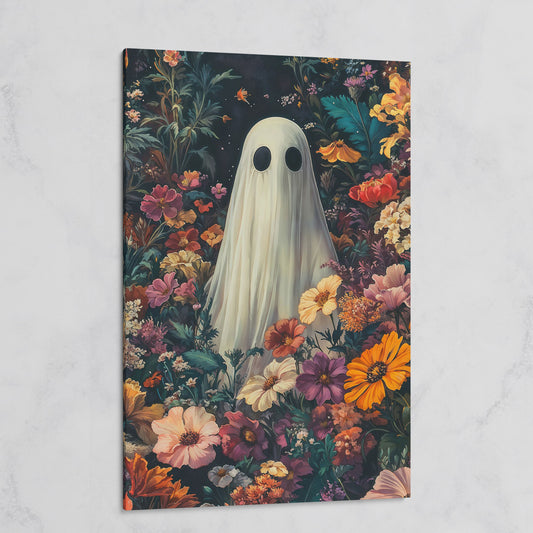 Whimsical Ghost in Floral Garden Canvas on gallery wrap