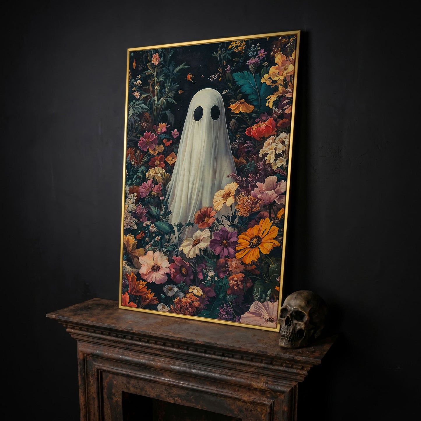 Whimsical Ghost in Floral Garden Canvas in yellow gold floating frame