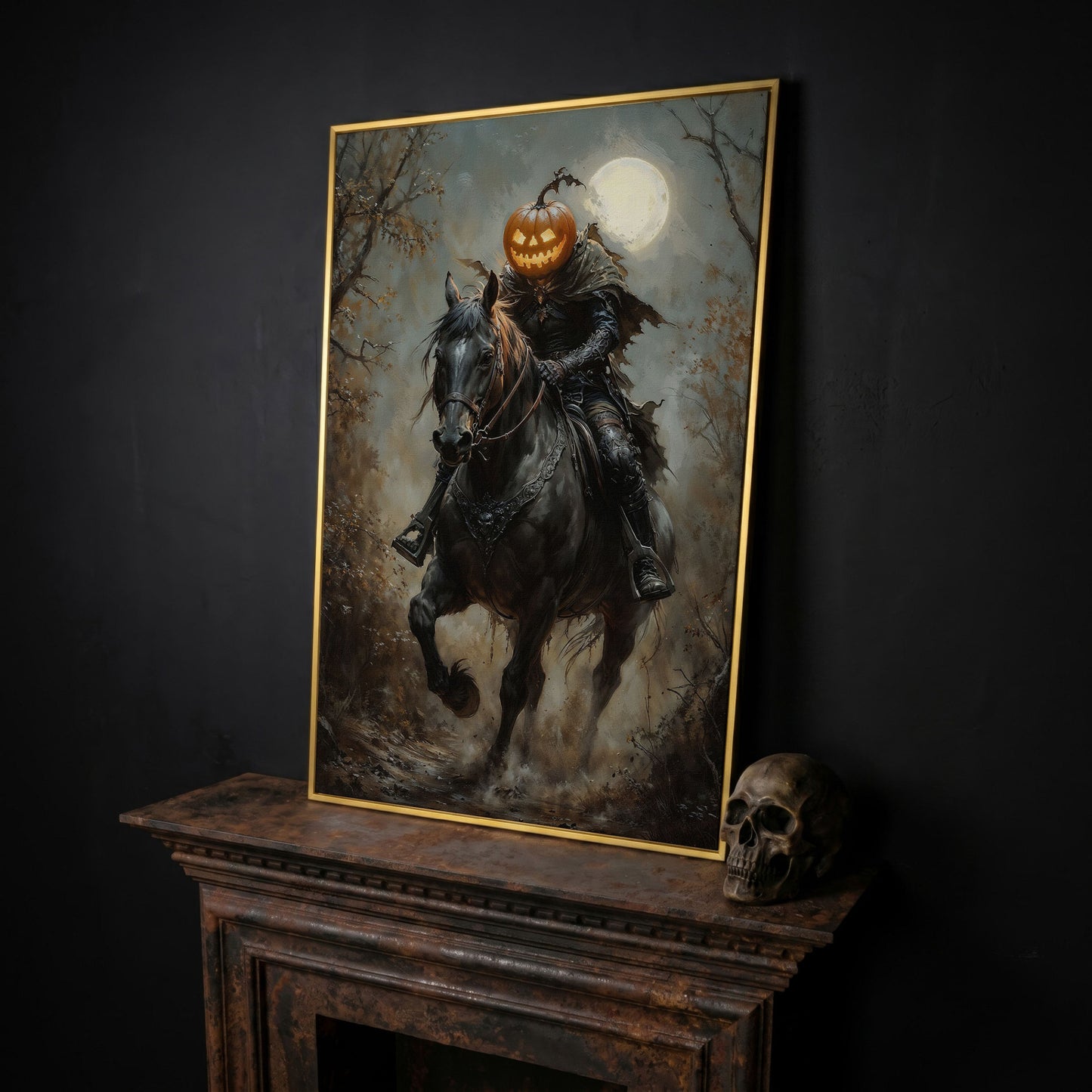 Headless Horseman Pumpkin Rider Canvas in yellow gold floating frame