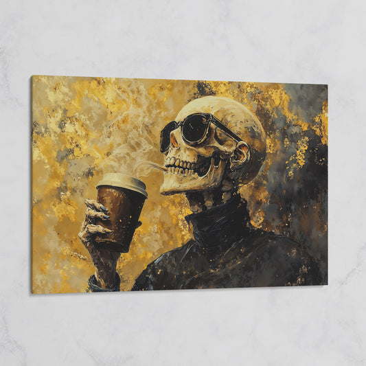Skeleton with Coffee Cup Gothic Canvas Art on gallery wrap