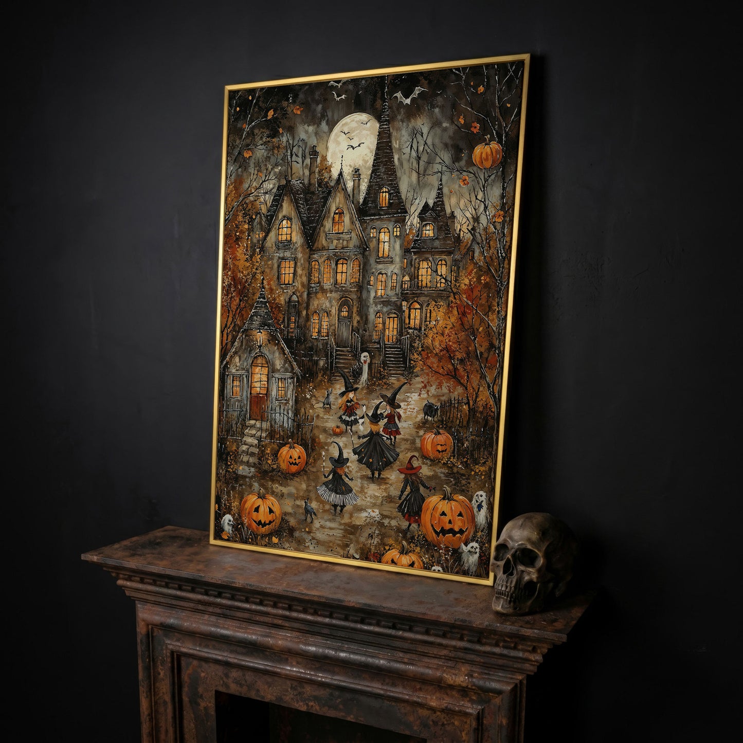 Haunted House with Witches Canvas Print in yellow gold floating frame