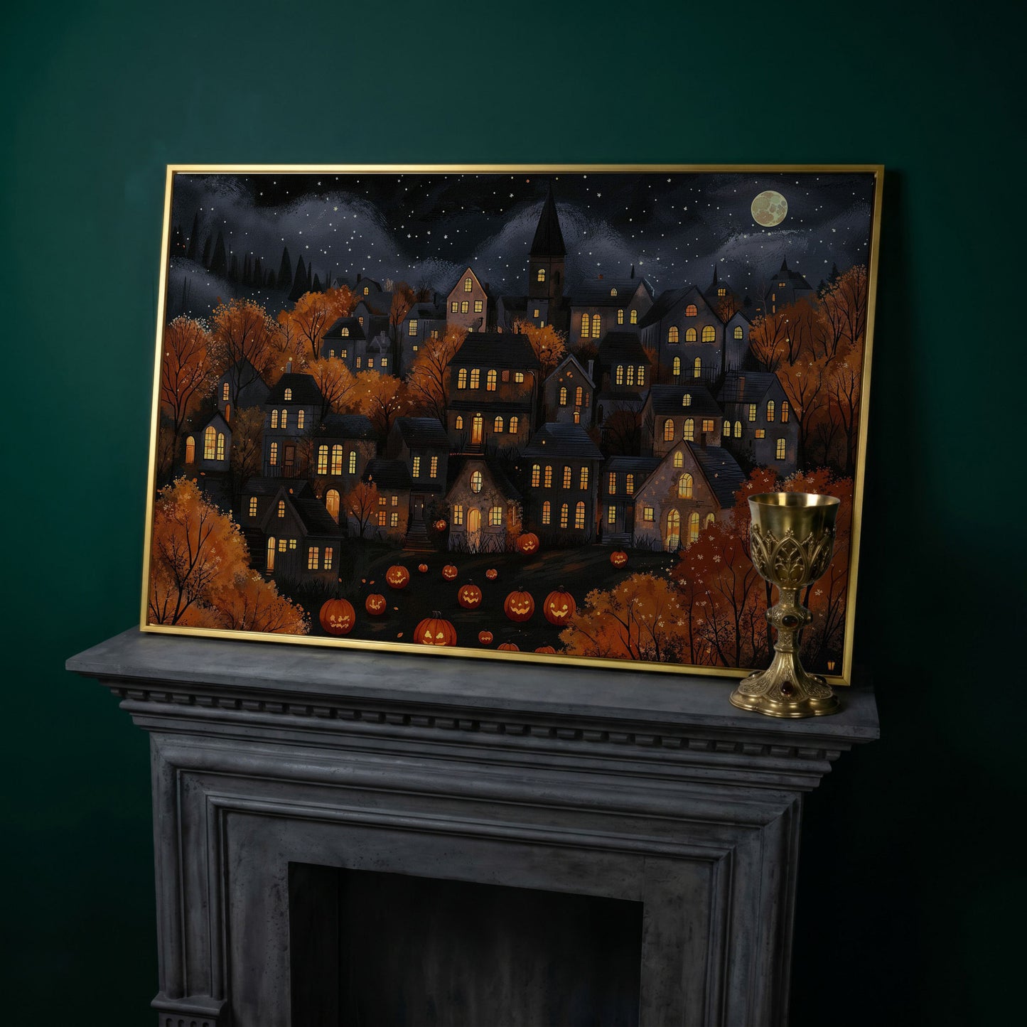 Eerie Haunted Village with Jack O Lanterns Canvas in yellow gold floating frame