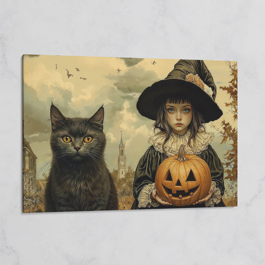 Halloween Witch and Black Cat Canvas on gallery wrap