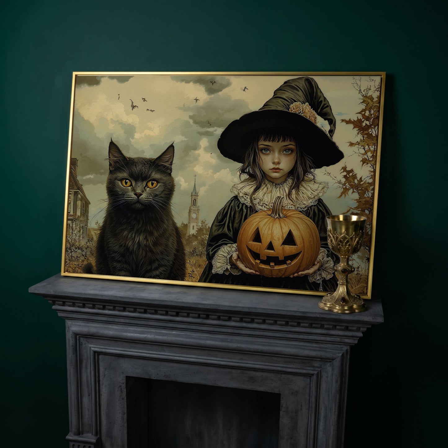Halloween Witch and Black Cat Canvas in yellow gold floating frame