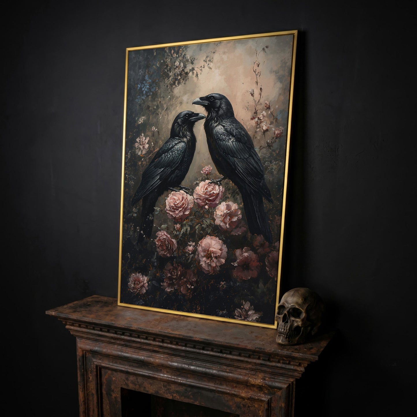 Ravens and Roses Gothic Botanical Canvas Wall Art in yellow gold floating frame