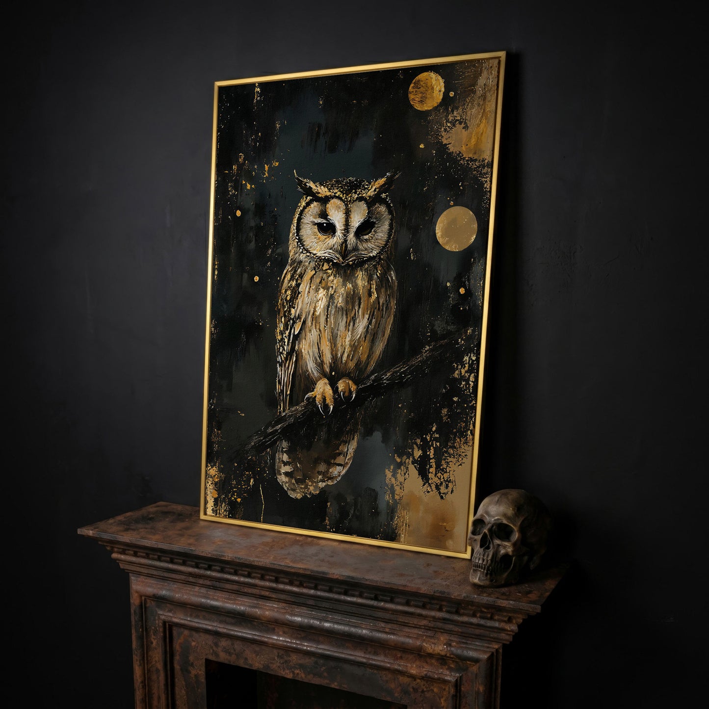 Owl on Branch Canvas Print, Dark Moon Night Art in yellow gold floating frame