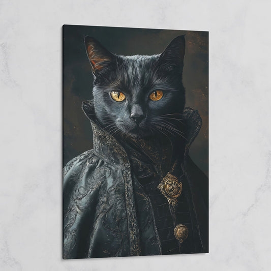 Victorian Black Cat Portrait Canvas Art, Anthropomorphic Gothic Print on gallery wrap
