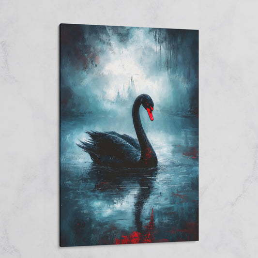 Black Swan on a Misty Lake, Gothic Canvas Wall Art on gallery wrap
