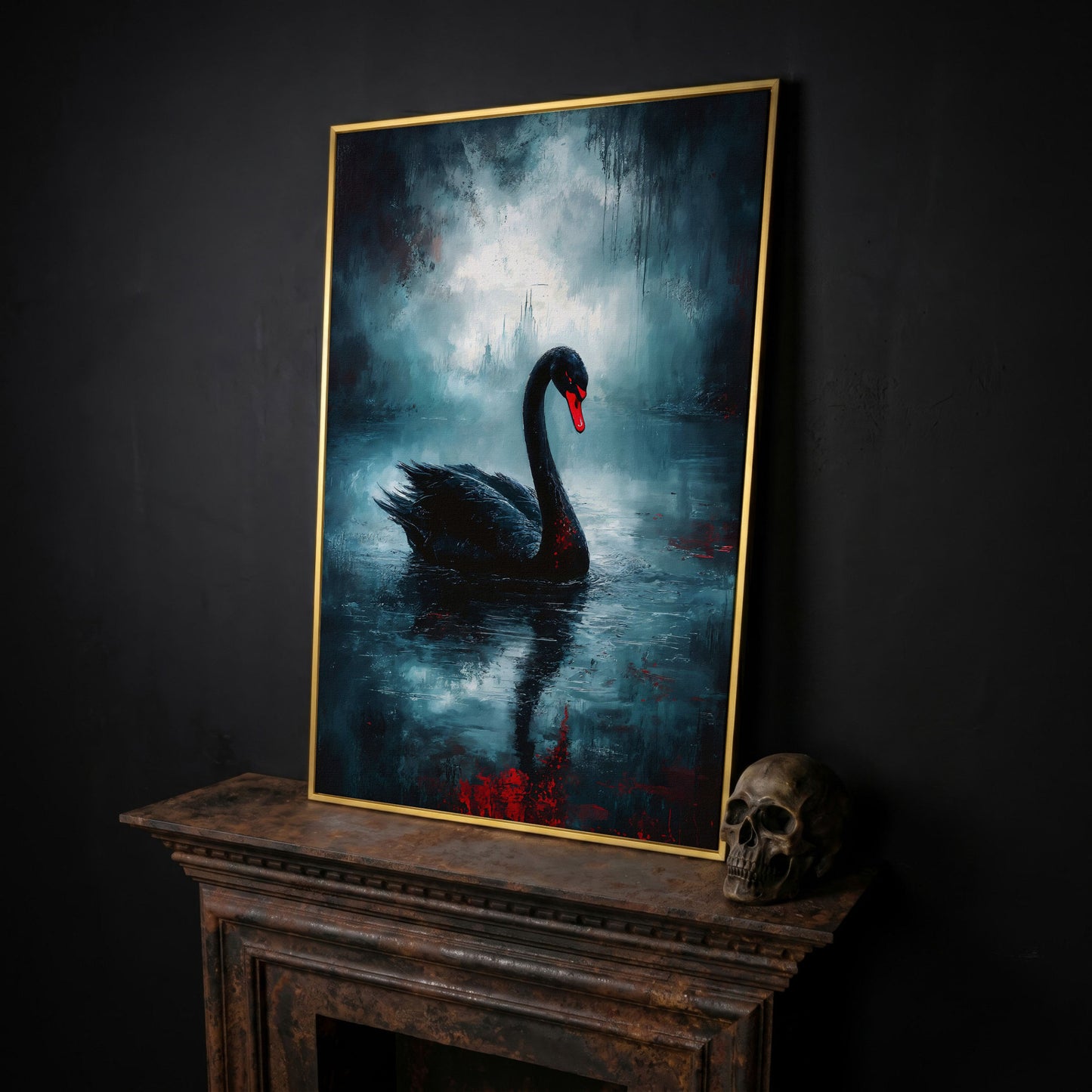 Black Swan on a Misty Lake, Gothic Canvas Wall Art in yellow gold floating frame