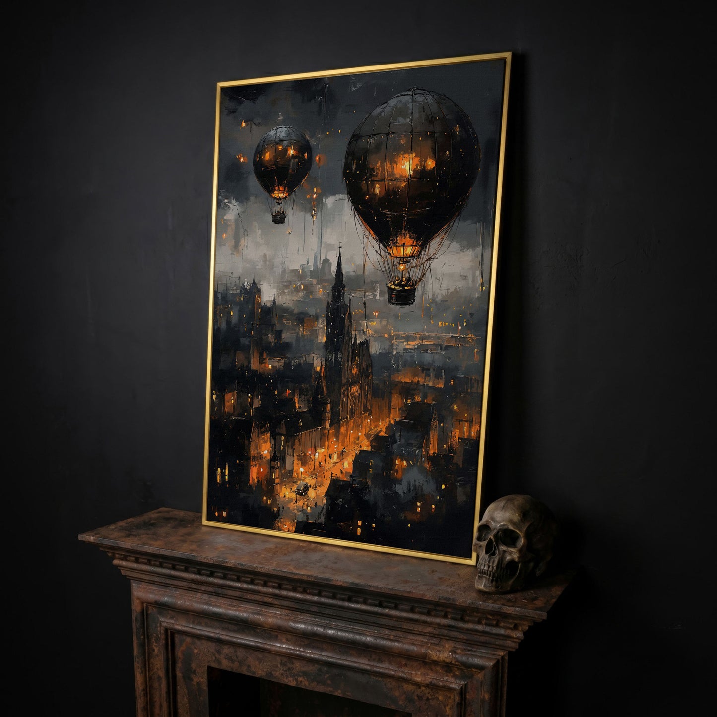 Gothic Night City with Hot Air Balloons Canvas Wall Art in yellow gold floating frame