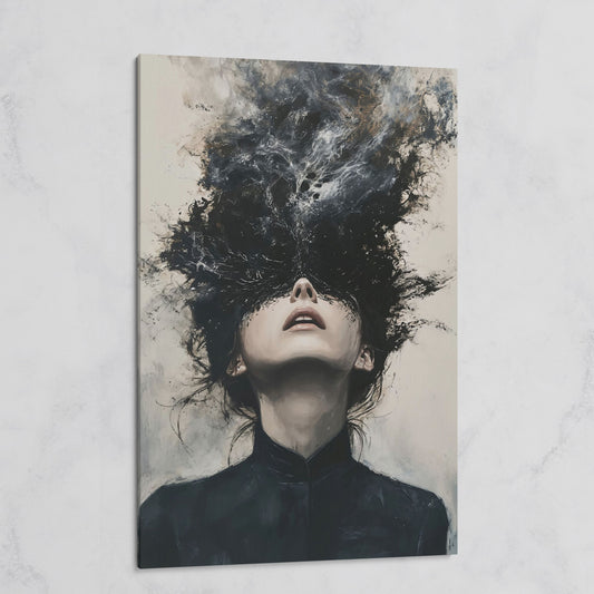 Dark Abstract Woman Portrait Canvas Art, Smoke Burst on gallery wrap