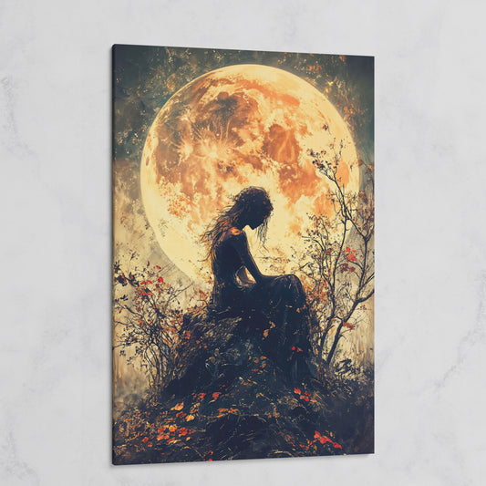 Moonlit Girl and Butterflies Silhouette Canvas Art on gallery wrap
