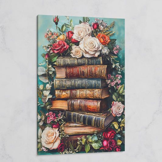 Vintage Books with Roses Canvas Art, Dark Floral Book Stack on gallery wrap