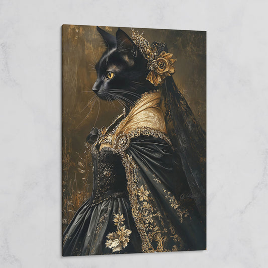 Victorian Black Cat Portrait Canvas Art, Dark Academic Wall Decor on gallery wrap