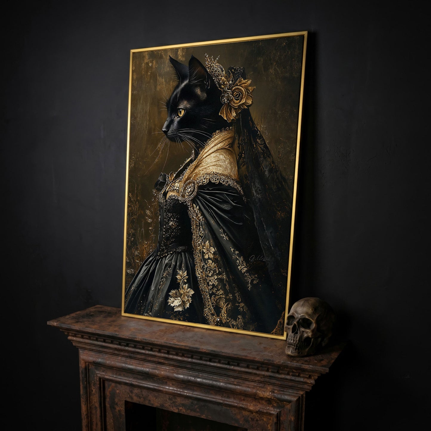 Victorian Black Cat Portrait Canvas Art, Dark Academic Wall Decor in yellow gold floating frame