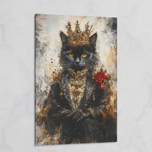 Regal Black Cat with Crown Canvas Art, Victorian Portrait on gallery wrap