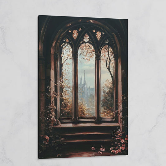 Gothic Window Castle View Canvas Art, Dark Academic Wall Decor on gallery wrap