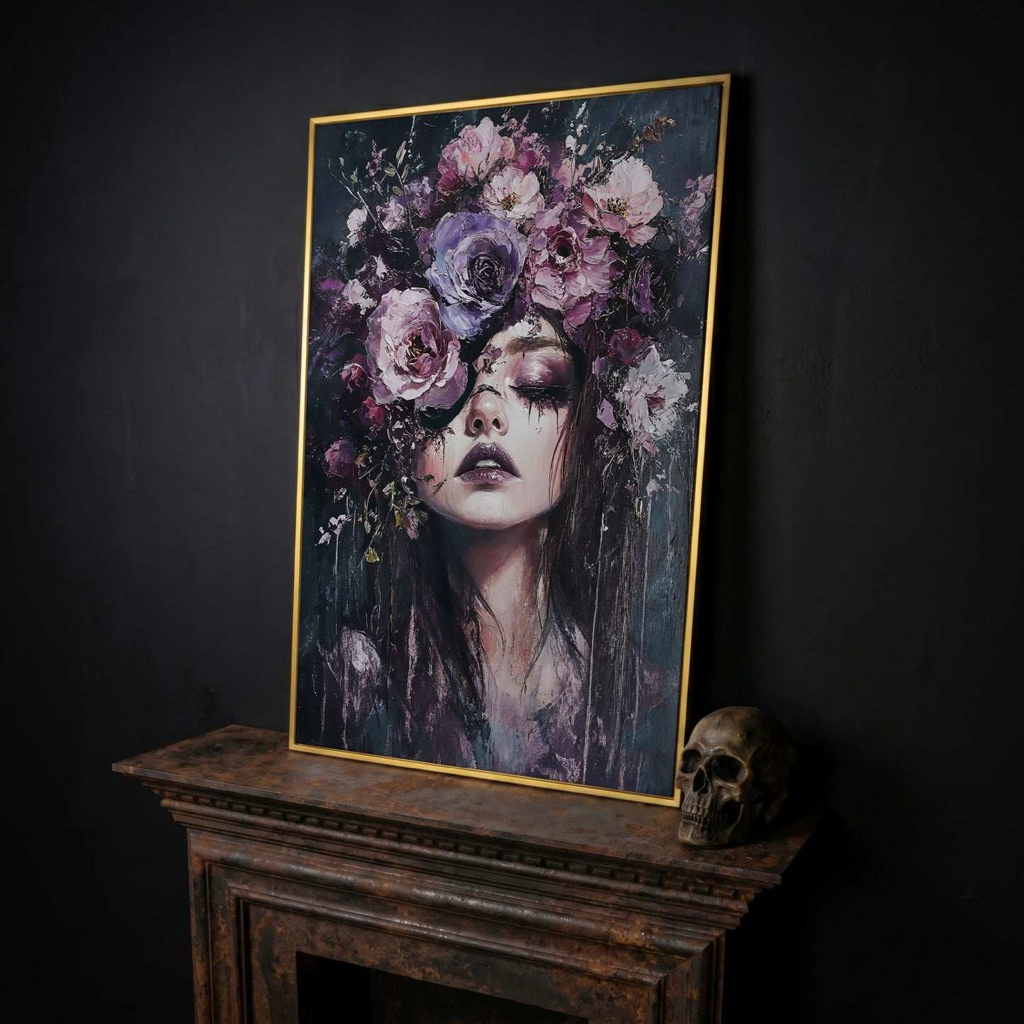 Dark Floral Portrait Woman with Purple Flower Crown Canvas Art in yellow gold floating frame