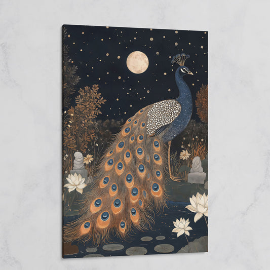 Mysterious Peacock with Moon and Stars Canvas on gallery wrap