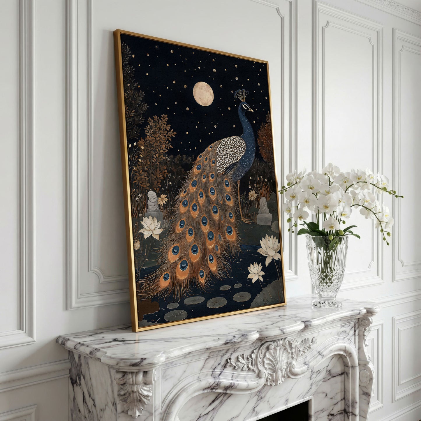 Mysterious Peacock with Moon and Stars Canvas in yellow gold floating frame