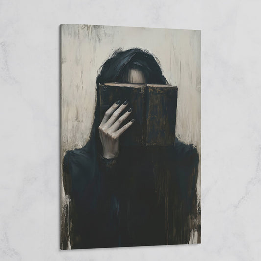 Gothic Girl with Old Book Canvas Wall Art, Dark Academic Decor on gallery wrap