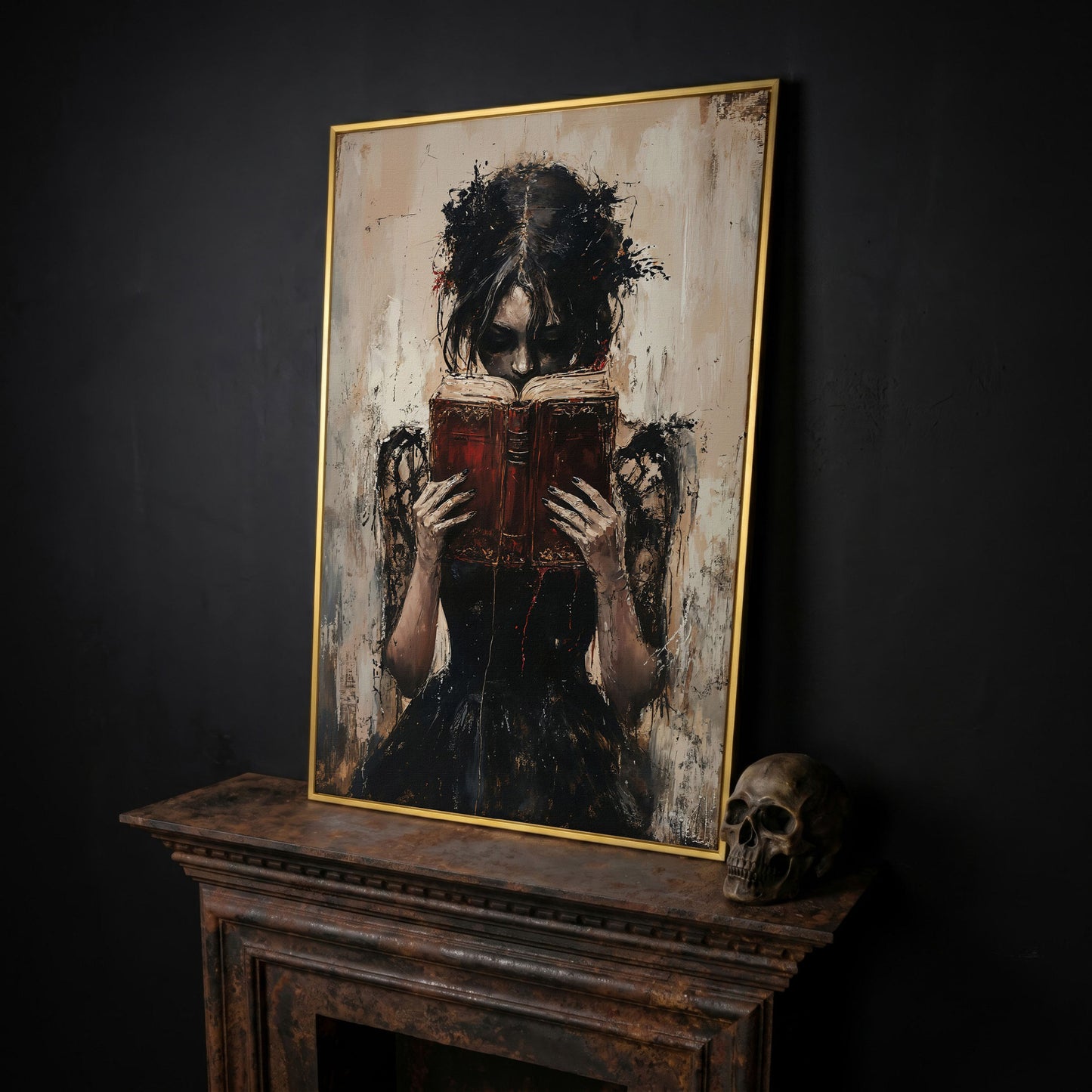 Woman Reading a Vintage Book, Dark Academic Canvas Wall Art in yellow gold floating frame