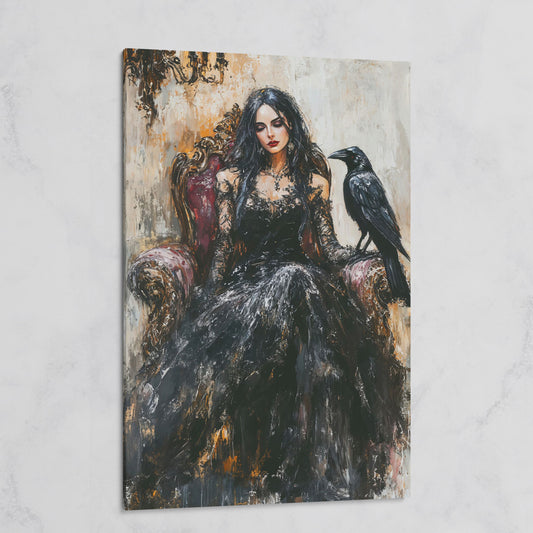Dark Throne: Gothic Woman and Raven Canvas Wall Art on gallery wrap