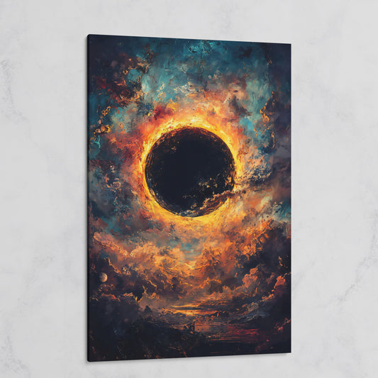 Solar Eclipse with Swirling Clouds. Dark Celestial Canvas Art on gallery wrap