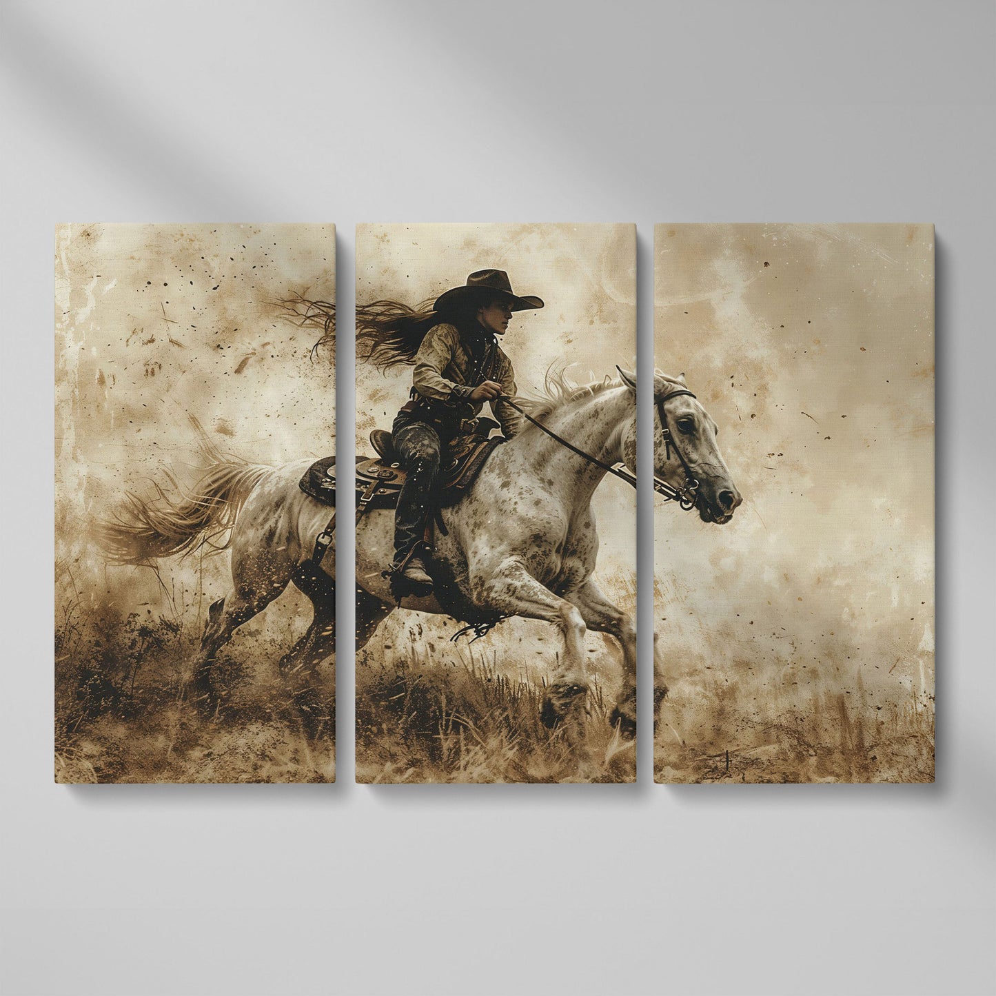 Cowgirl on Galloping Horse Canvas Print as 3-panel split version