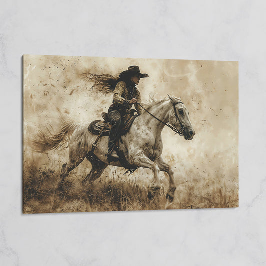 Cowgirl on Galloping Horse Canvas Print on gallery wrap