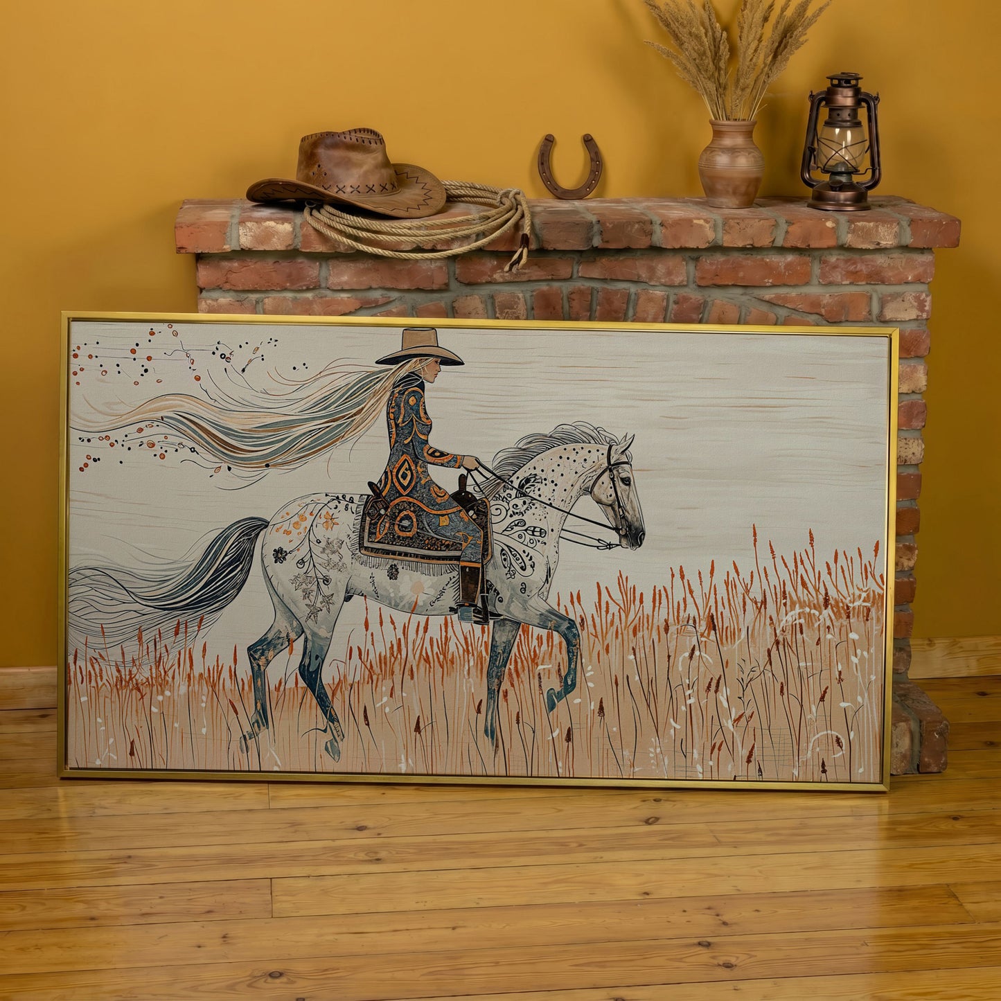 Cowgirl on Horseback Canvas Print in yellow gold floating frame