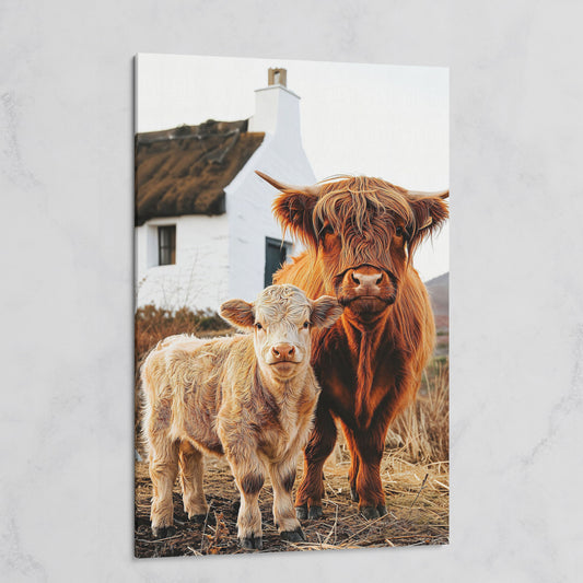 Highland Cattle and Calf with Cottage Canvas Print on gallery wrap
