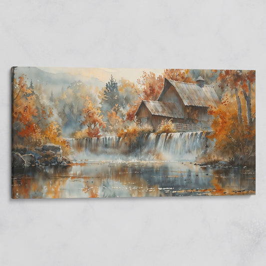 Rustic Cabin with Autumn Forest Waterfall Canvas on gallery wrap