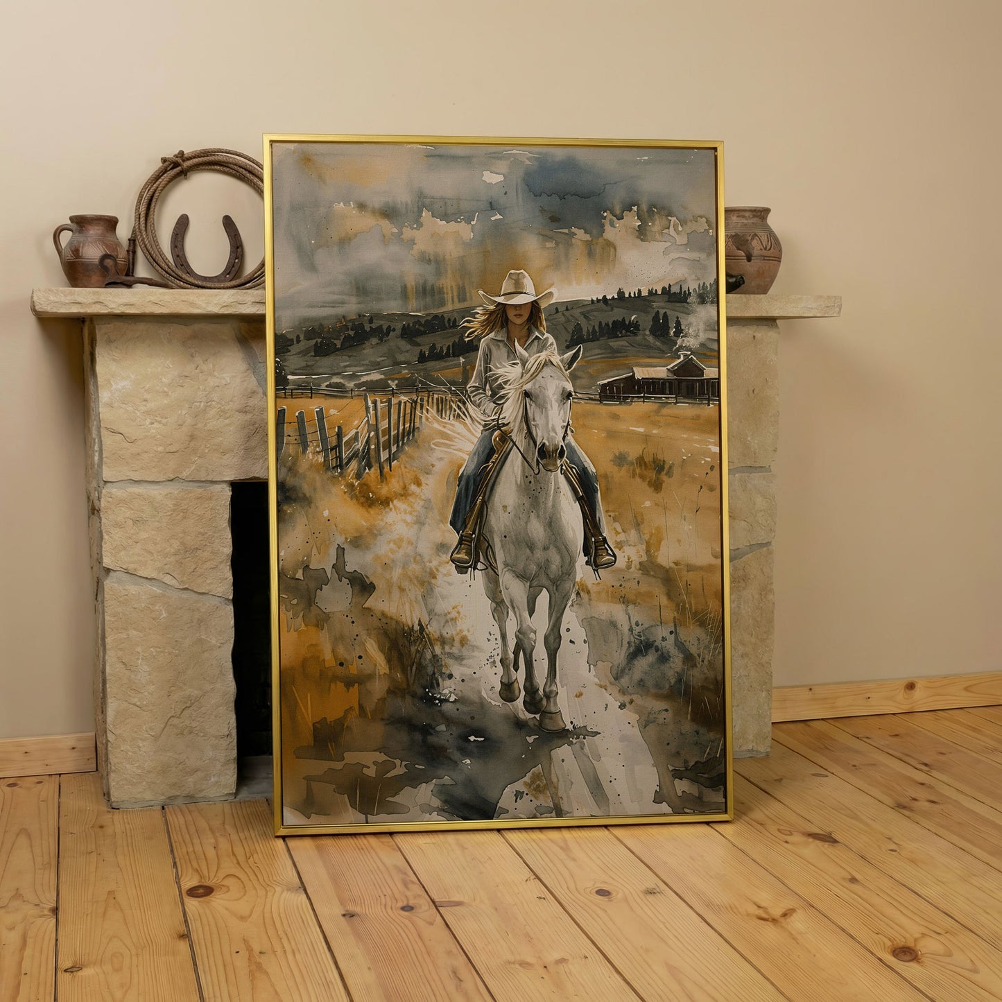 Cowgirl on White Horse Canvas Print, Western Equestrian Wall Art in yellow gold floating frame