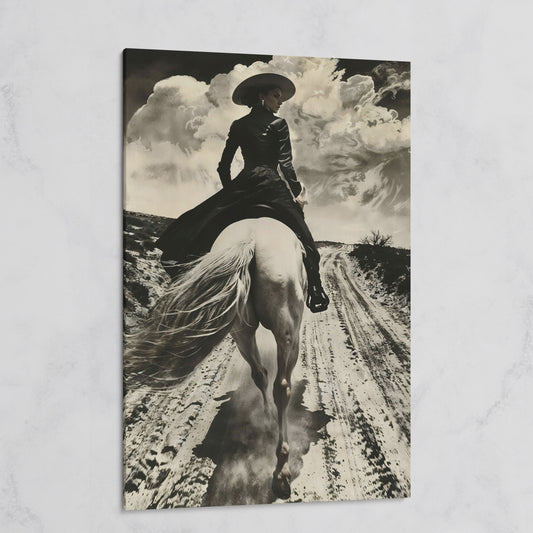 White Horse Rider on a Dirt Road. Western Canvas Wall Art on gallery wrap