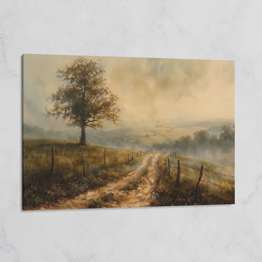 Misty Fields with Rural Road Canvas Print in Sepia on gallery wrap