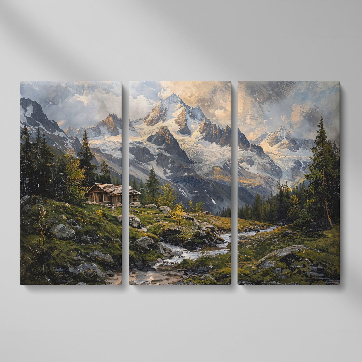 Mountain Snowy Peaks Canvas Print with Alpine Scenery as 3-panel split version
