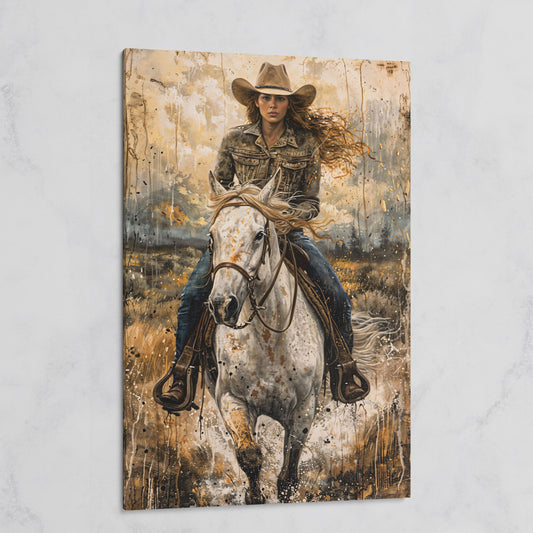 White Horse Galloping with Cowgirl Canvas Print on gallery wrap
