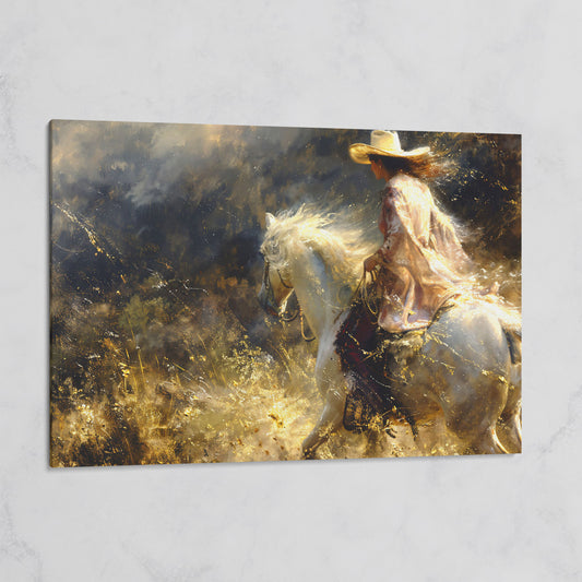 Cowgirl on White Horse Canvas Print, Western Decor on gallery wrap