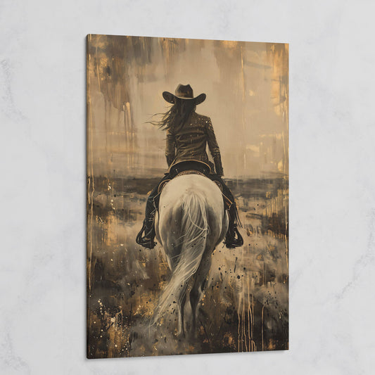 Cowgirl on Horseback Canvas Print in Sepia on gallery wrap