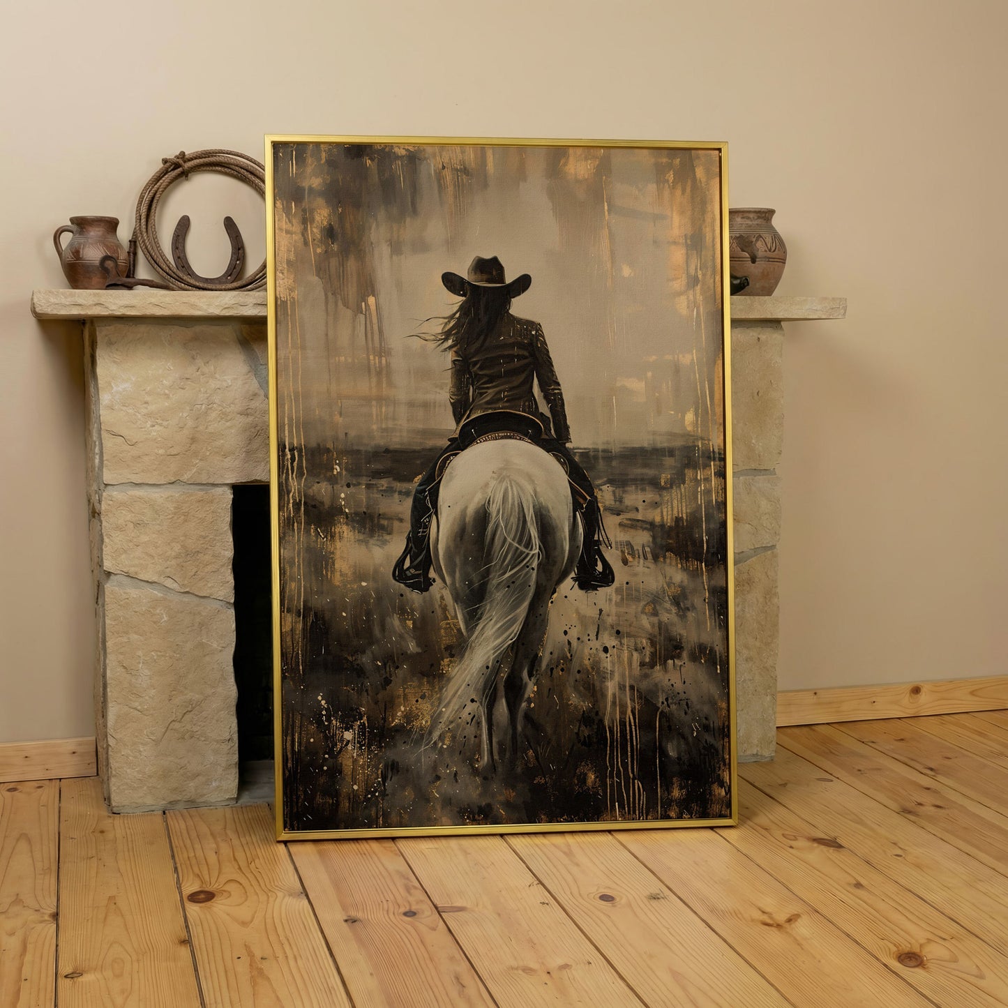 Cowgirl on Horseback Canvas Print in Sepia in yellow gold floating frame
