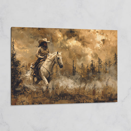 Cowgirl on Horseback Canvas, Sepia Countryside on gallery wrap
